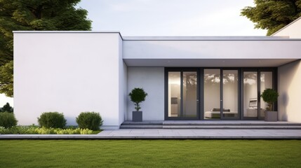 Modern home featuring a gray door white wall and 3D rendered green grass lawn