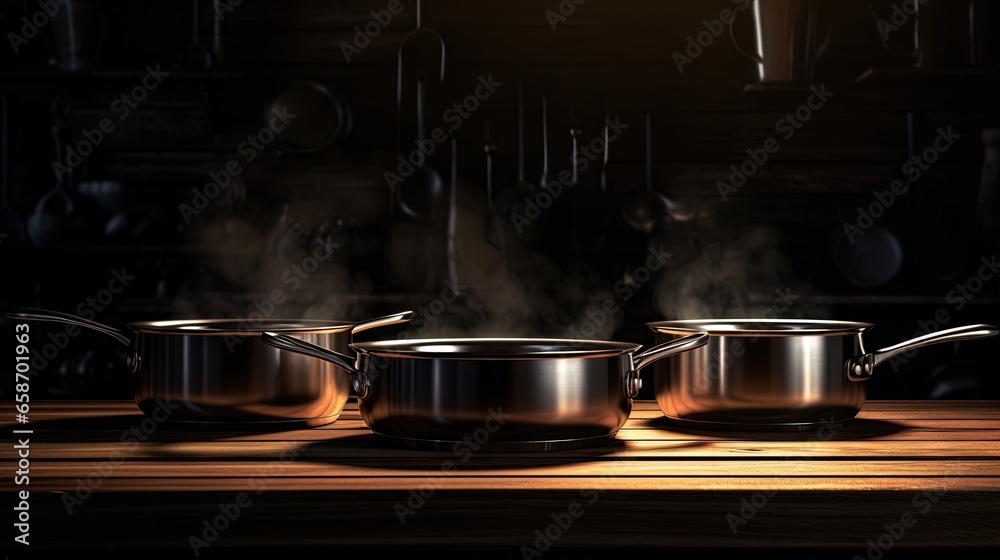 Poster Gleaming cookware on table against dark backdrop