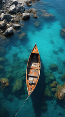 Obraz premium boat in the sea,boat on the water,Weathered Boat in Clear Blue Sea
