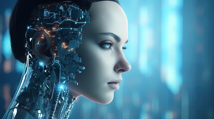 Close up 3D rendering of a humanoid robot s face symbolizing AI s big data analytics artificial intelligence machine learning and the fourth industrial revolution - obrazy, fototapety, plakaty