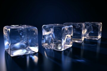 Five clear ice cubes on a dark background. 3D-generated. Generative AI