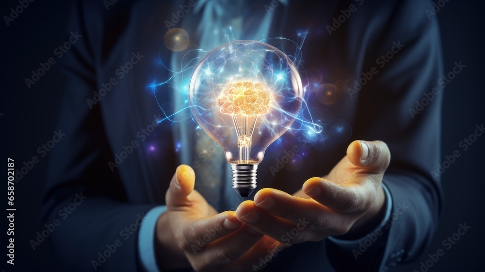 Poster businessperson with light bulb and brain idea and creativity innovation with network solution develo