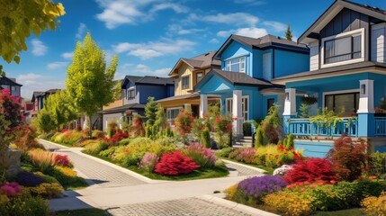 Fototapeta na wymiar Colorful summer gardens complement beautiful new contemporary suburban houses in a Canadian neighborhood