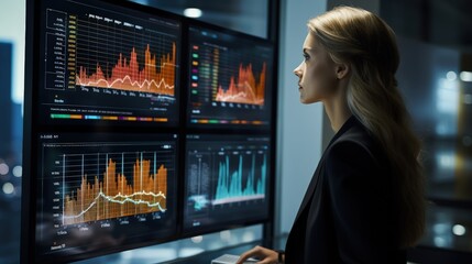 Female analyst observing business analytics dashboard