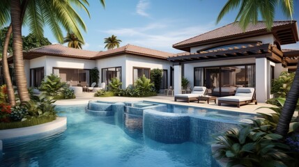 Obraz premium Luxurious decor house with large pool pergola palm trees and whirlpool 3D illustration