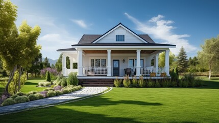 Gorgeous house exterior with a porch and lush grass under clear blue sky