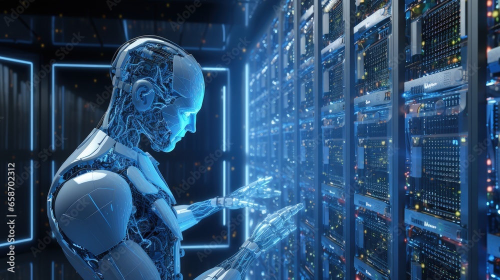 Poster AI robot uses cloud computing for data storage and analysis with machine learning and 3D rendering