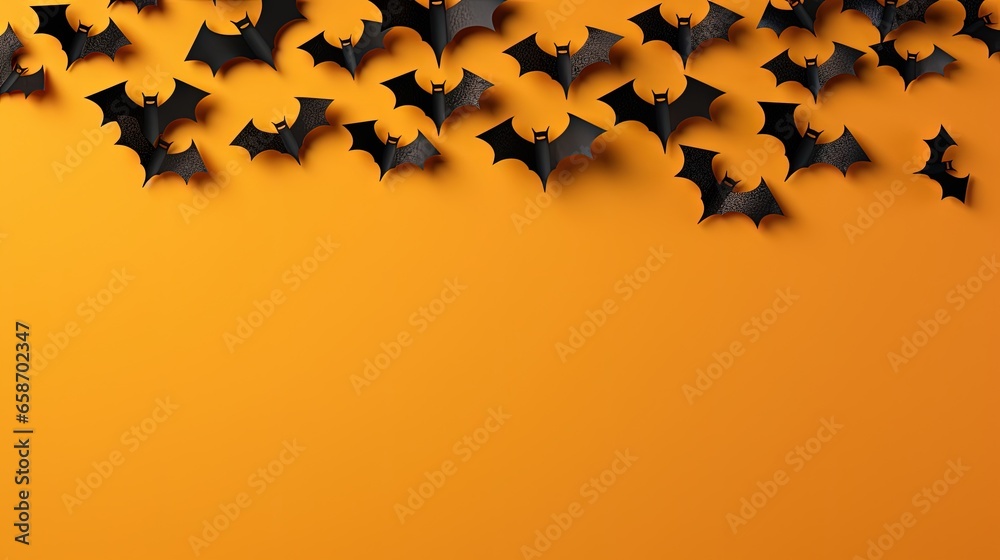 Poster halloween card featuring bats on orange background banner for celebrating or inviting top down view 