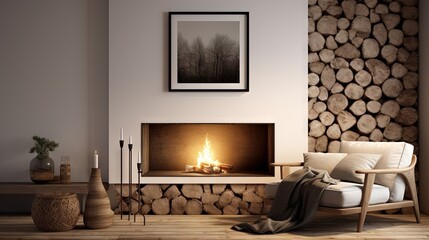 Modern living room with fireplace wood and frames
