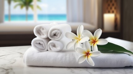 Fototapeta na wymiar Luxury hotel room with Plumeria and towels prepared for tourists