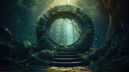 Enchanting forest teleport with a magical stone portal to other worlds and a mystical altar - obrazy, fototapety, plakaty