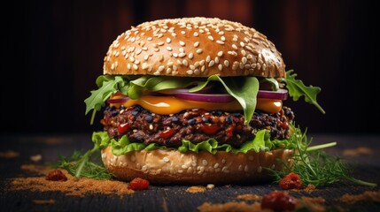 Delicious vegan lentil burger on rustic background
