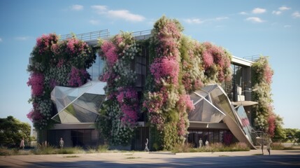 Green sustainable building adorned with blooming hanging plants situated in front of wind turbines - obrazy, fototapety, plakaty
