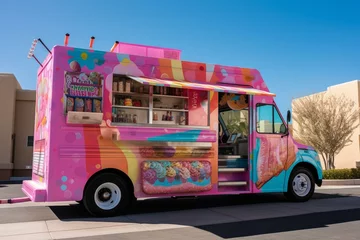 Foto op Canvas A vibrant, whimsical food truck in a candy-themed world adorned with cupcakes, candies, and ice cream. Generative AI © Soraya