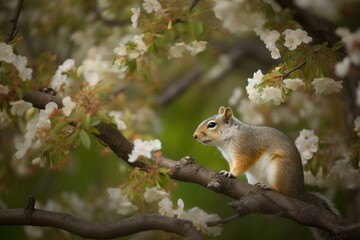 A squirrel perched on a tree, searching for nourishment amidst a blossoming backdrop of flowers. Generative AI