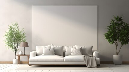 Fototapeta na wymiar Gallery wall mockup in interior, 3d render. Home mockup, modern living room, minimalistic. Generative AI
