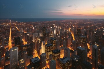 Aerial view of Chicago skyline at dusk. Generative AI