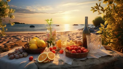 Gordijnen Idyllic sunset beach picnic with lemonade bread and fruits © vxnaghiyev