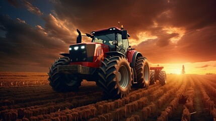 Modern agricultural tractor working in the field at sunset