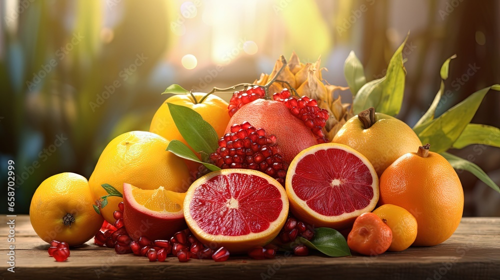 Aufkleber assorted fresh fruits on a healthy background fruit salad for a nutritious breakfast pomegranate per