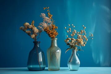 Three vases with dried flowers on blue surface, blue wall in background, and blue vase with dried flowers in foreground. Generative AI - obrazy, fototapety, plakaty