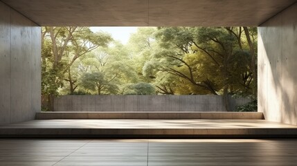 3D rendering of products shown in concrete hallway with park background