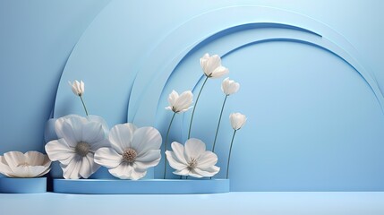 Minimal concept illustration featuring a premium pastel floral background with a blue geometric podium for displaying beauty products in 3D rendering