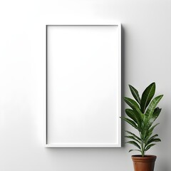 Mockup white poster frame close up on white wall, minimalistic. Modern Room interior, green plant Generative AI