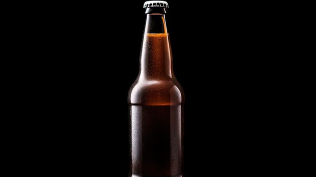 Craft beer in a brown bottle without label on black background close up photo