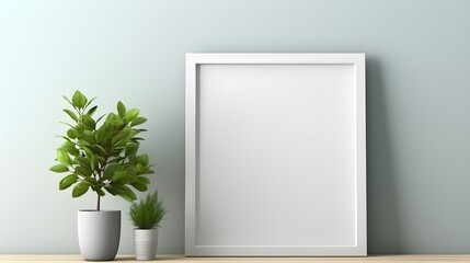 Fototapeta na wymiar Mockup white poster frame close up on white wall, minimalistic. Modern Room interior, green plant Generative AI
