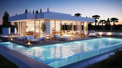 Fototapeta premium Illuminate the modern style white house s swimming pool terrace with indoor lighting and gray furniture for a 3D rendered nighttime ambiance