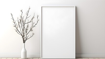 Mockup white poster frame close up on white wall, minimalistic. Modern Room interior, Generative AI