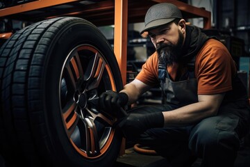 Fototapeta na wymiar Tire shop worker changing a car wheel