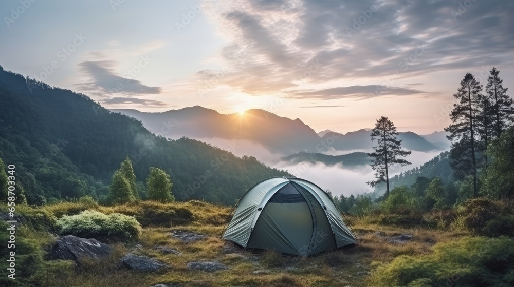 Aufkleber high quality photo of a gray tent against the forest and mountain backdrop in a campsite perfect for