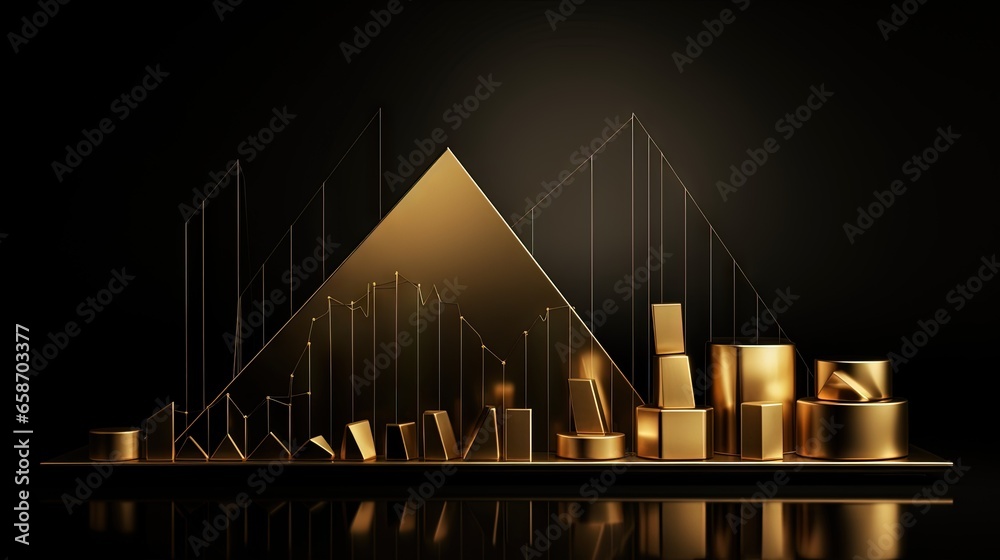 Poster 3d chart with golden finance theme on dark background