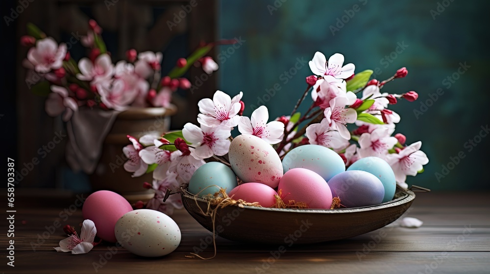Poster festive easter display with eggs blossoms and rustic vibes