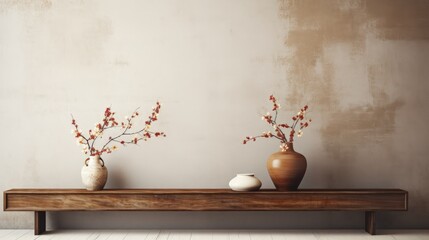 Minimalistic concept of wabi sabi living room with wooden console paper flowers nuts and copy space