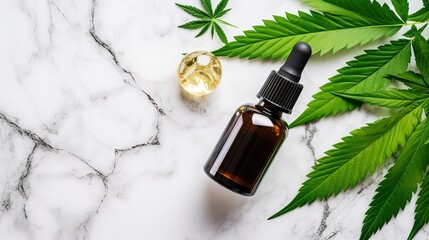 CBD oil and pipette near cannabis leaves on marble table Organic healthcare product Alternative medicine and cosmetics
