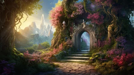 Fotobehang Fantasie landschap Enchanted landscape with magic road and sunlit entrance to a mysterious gate