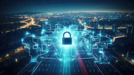 Cyber security success symbol on urban highway at night Traffic junction of transport network Intelligence in protection against threats