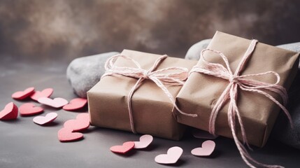 Eco friendly gift concept with organic decorations in craft paper boxes