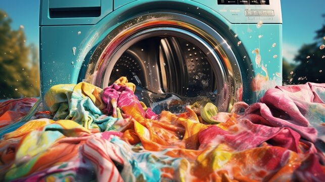 Close Up View Of A Full Colorful Load In A Front Loading Washing Machine