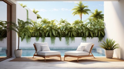Fototapeta premium A 3D model of a contemporary home terrace with a pool blank white wall and lush plants