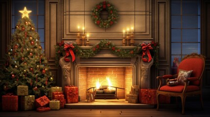 Obraz premium Festive living room with fireplace and holiday decor