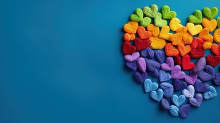 Crocheted hearts in rainbow colors and lettering representing Pride on a blue background Symbolizing the LGBT flag gay pride equal rights and gender equality Perfect for postcards banners and p