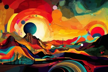 Abstract depiction of American landscape with Earth, Moon, Sun, and interconnected energy. Vibrant backdrop. Generative AI