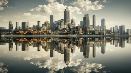 City buildings mirroring in water