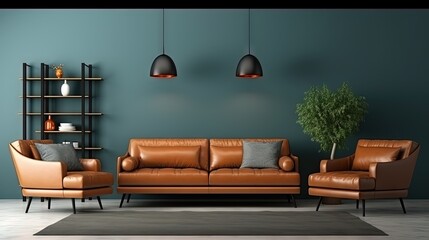 Dark leather sofa and minimal decoration in living room on two tone wall 3D rendering