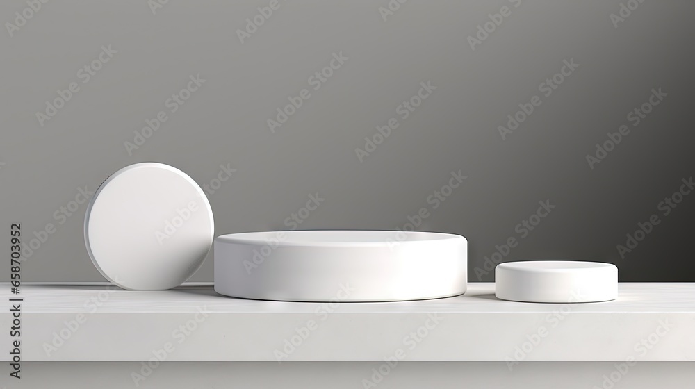 Poster 3D rendering of white cylindrical podiums with matte glass walls on a white cloth background used for displaying cosmetic products