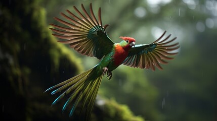 Fototapeta premium In Costa Rica s Savegre a dazzling bird the Resplendent Quetzal is seen in flight displaying its magnificent green and red plumage against a backdrop of lush greenery
